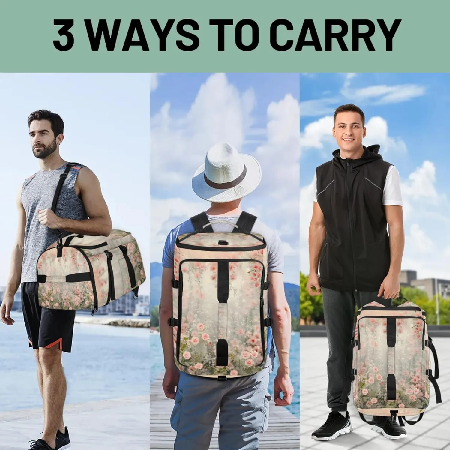 Tactical Sports Duffle Bag for Travel Waterproof Gym Bag with Shoe Compartment 48L Carry On Luggage for Men & Women 3-in-1 Durable Travel Luggage Romantic Small Flowers