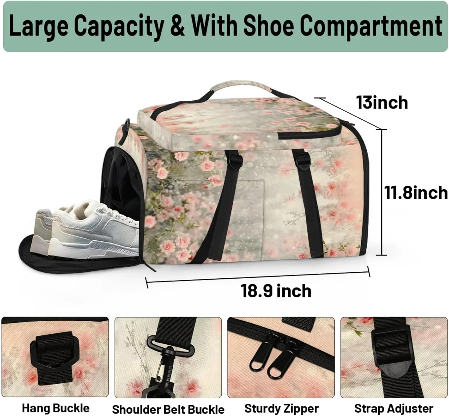 Tactical Sports Duffle Bag for Travel Waterproof Gym Bag with Shoe Compartment 48L Carry On Luggage for Men & Women 3-in-1 Durable Travel Luggage Romantic Small Flowers