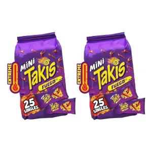 Takis Fuego Mini 25 pc / 1.23 oz Bite Size Multipack, Hot Chili Pepper & Lime Flavored Extreme Spicy Rolled Tortilla Chips (Pack of 2)