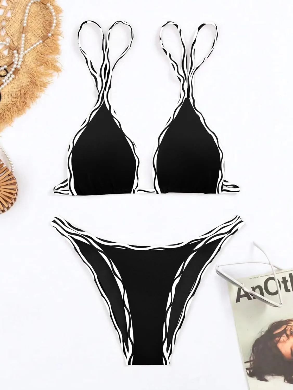 TASHEHE Women's Bikini Set High Leg Cut Double Straps Cute Triangle Swimsuit High Waist Two Piece Bathing Suit