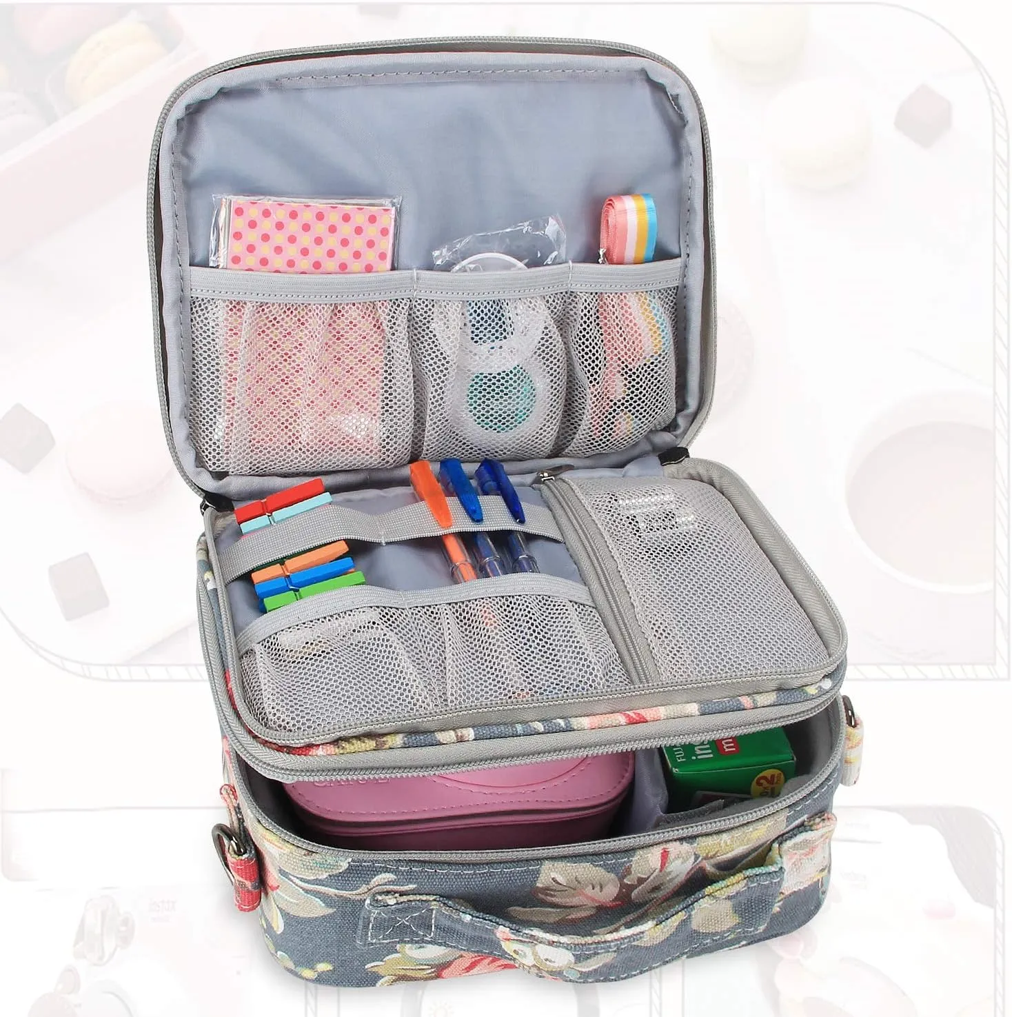 Teamoy Instant Mini Camera Protective Case Compatible with Instax Mini 11 12, Portable Instax Camera Bag with Pocket and Adjustable Shoulder Strap, Peony(Bag Only)