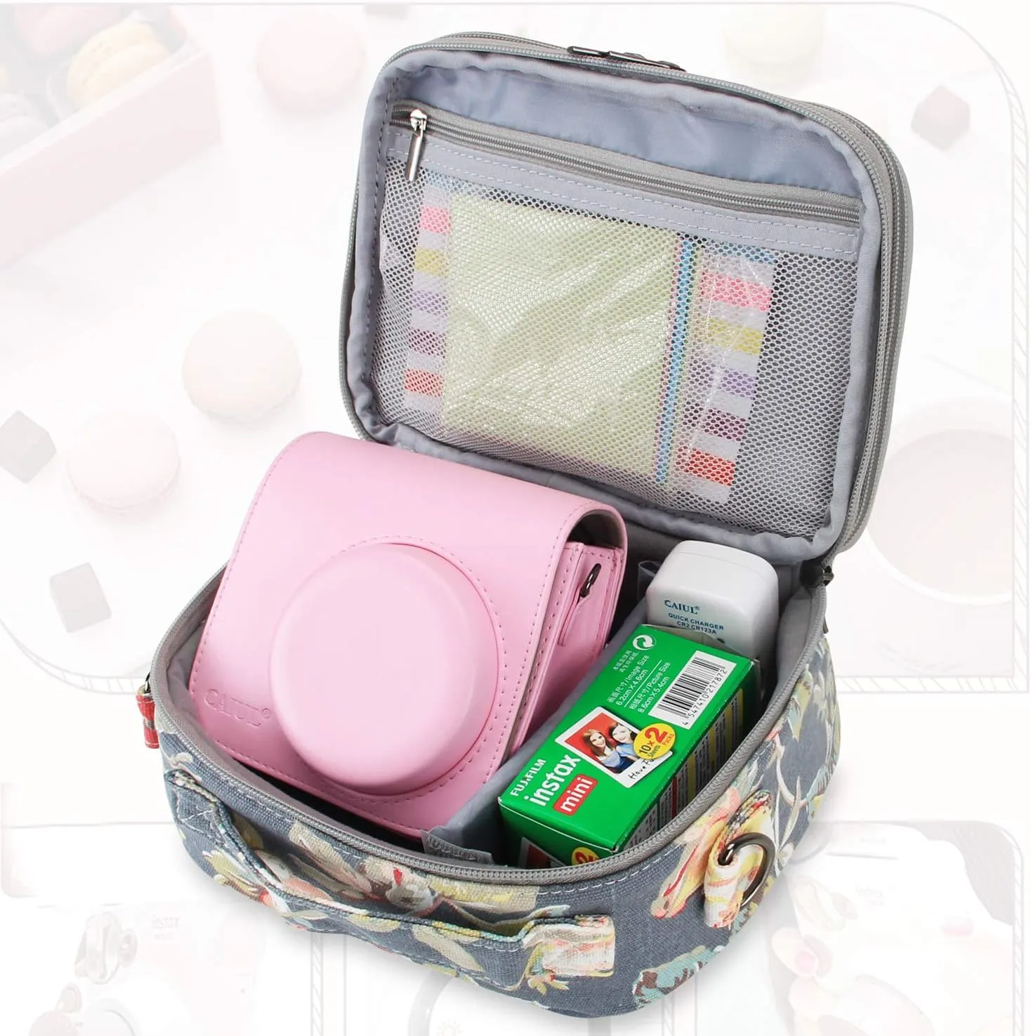 Teamoy Instant Mini Camera Protective Case Compatible with Instax Mini 11 12, Portable Instax Camera Bag with Pocket and Adjustable Shoulder Strap, Peony(Bag Only)