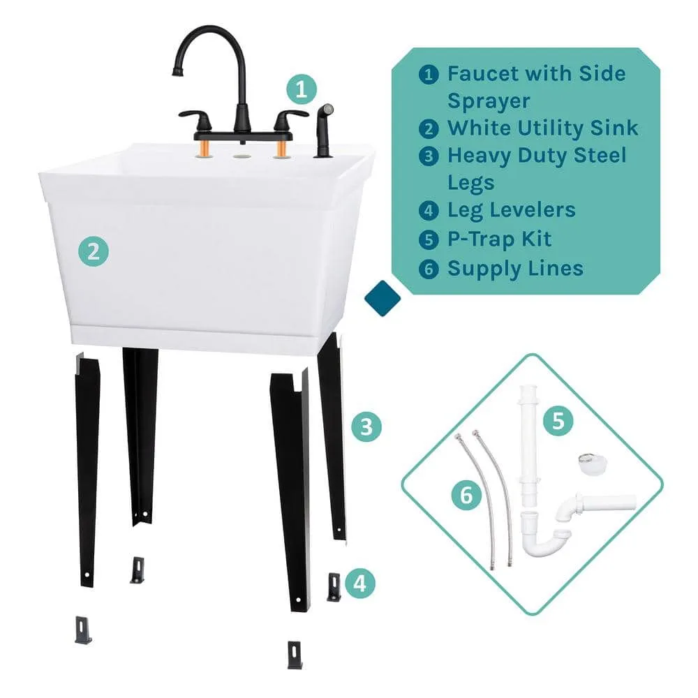 TEHILA 19 Gal. Utility Sink Set with Black Metal Faucet & Side Sprayer