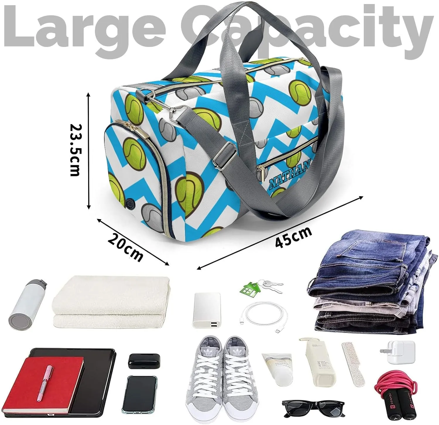 Tennis Ball Blue Stripes Personalized Travel Duffel Bag Custom Waterproof Overnight Bag for Gym Sport Swim Bags Travel Assistant