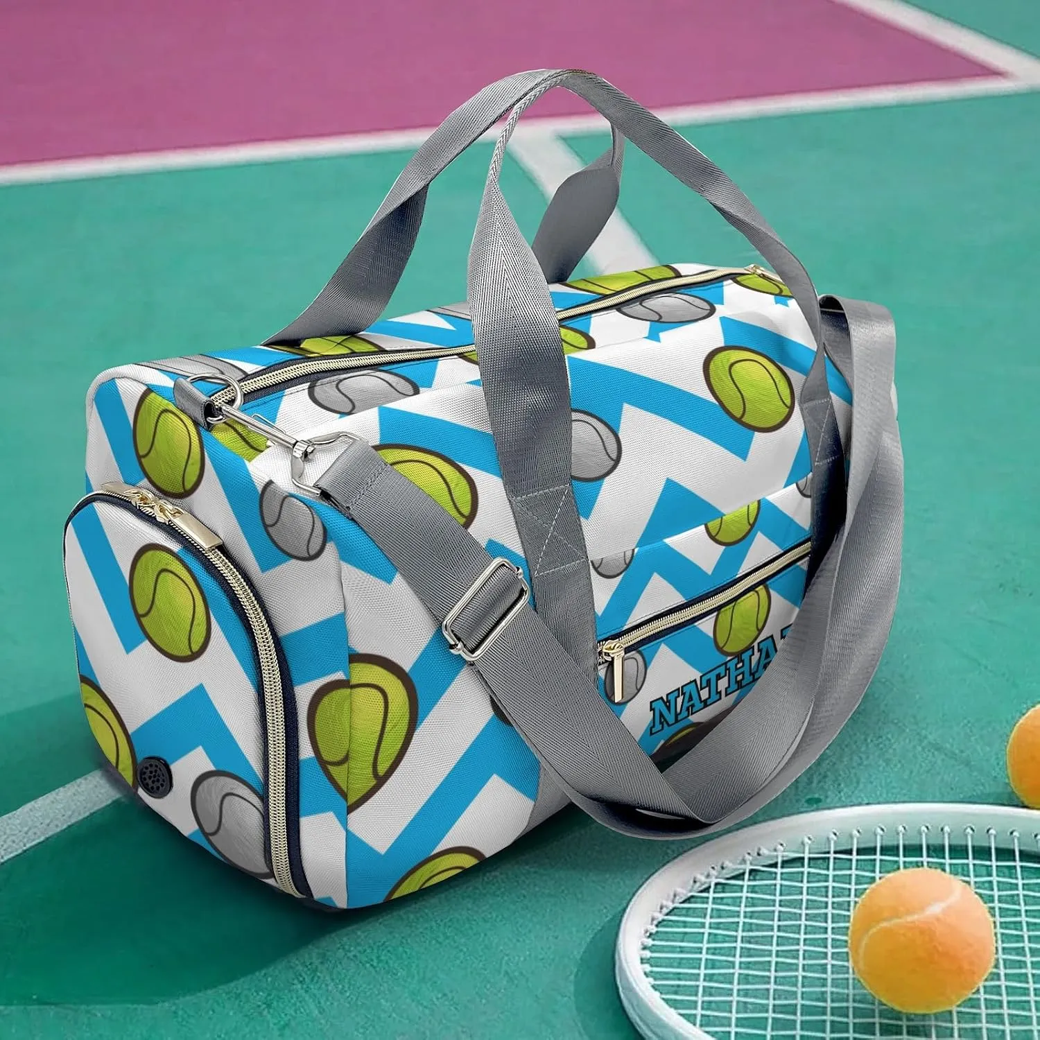 Tennis Ball Blue Stripes Personalized Travel Duffel Bag Custom Waterproof Overnight Bag for Gym Sport Swim Bags Travel Assistant