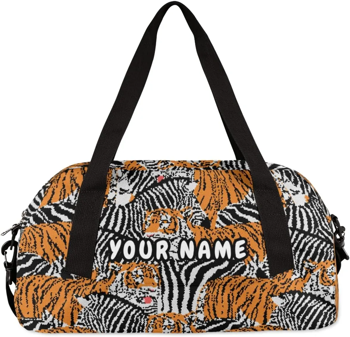 Tiger And Zebra Personalized Kids Duffel Bag for Girls Boys, Tiger Customized Name Dance Bag Overnight Small Duffel Bag Carry On Weekend Sports Gym Travel Bag for School Practice Gymnastics Ballet