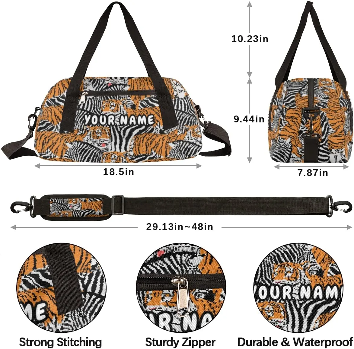 Tiger And Zebra Personalized Kids Duffel Bag for Girls Boys, Tiger Customized Name Dance Bag Overnight Small Duffel Bag Carry On Weekend Sports Gym Travel Bag for School Practice Gymnastics Ballet