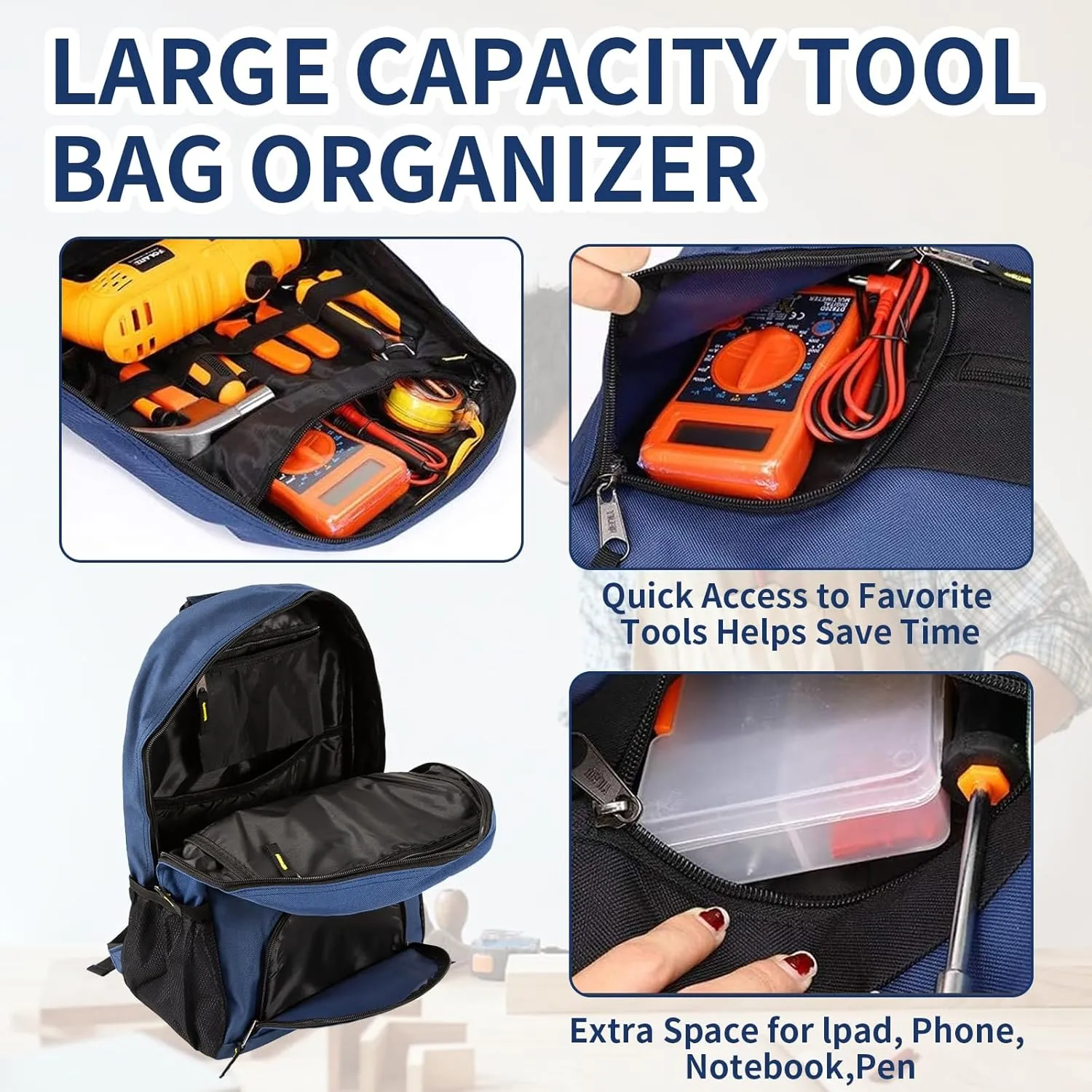 Tool Backpack Heavy Duty,1680D Implements Carrier for Electrician,Havc Tool Bag Backpack,Tool Bags for Men for Electrician,Plumber,Contractor,Durable Handle & Shoulder Strap,12 Pockets (Blue)