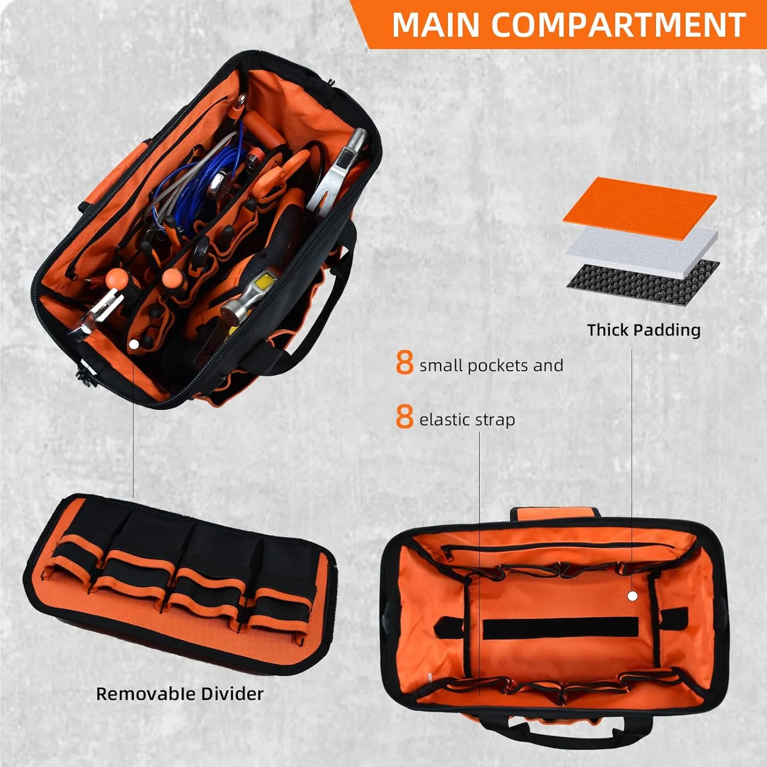 Tool Bag Organizer,39 Pockets Wide Mouth Tool Bag Heavy Duty for Men with Removable Divider and Locking Hole Zipper Waterproof Tool Box for Electrician Construction Worker 16 Inch