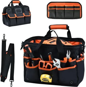 Tool Bag Organizer,39 Pockets Wide Mouth Tool Bag Heavy Duty for Men with Removable Divider and Locking Hole Zipper Waterproof Tool Box for Electrician Construction Worker 16 Inch