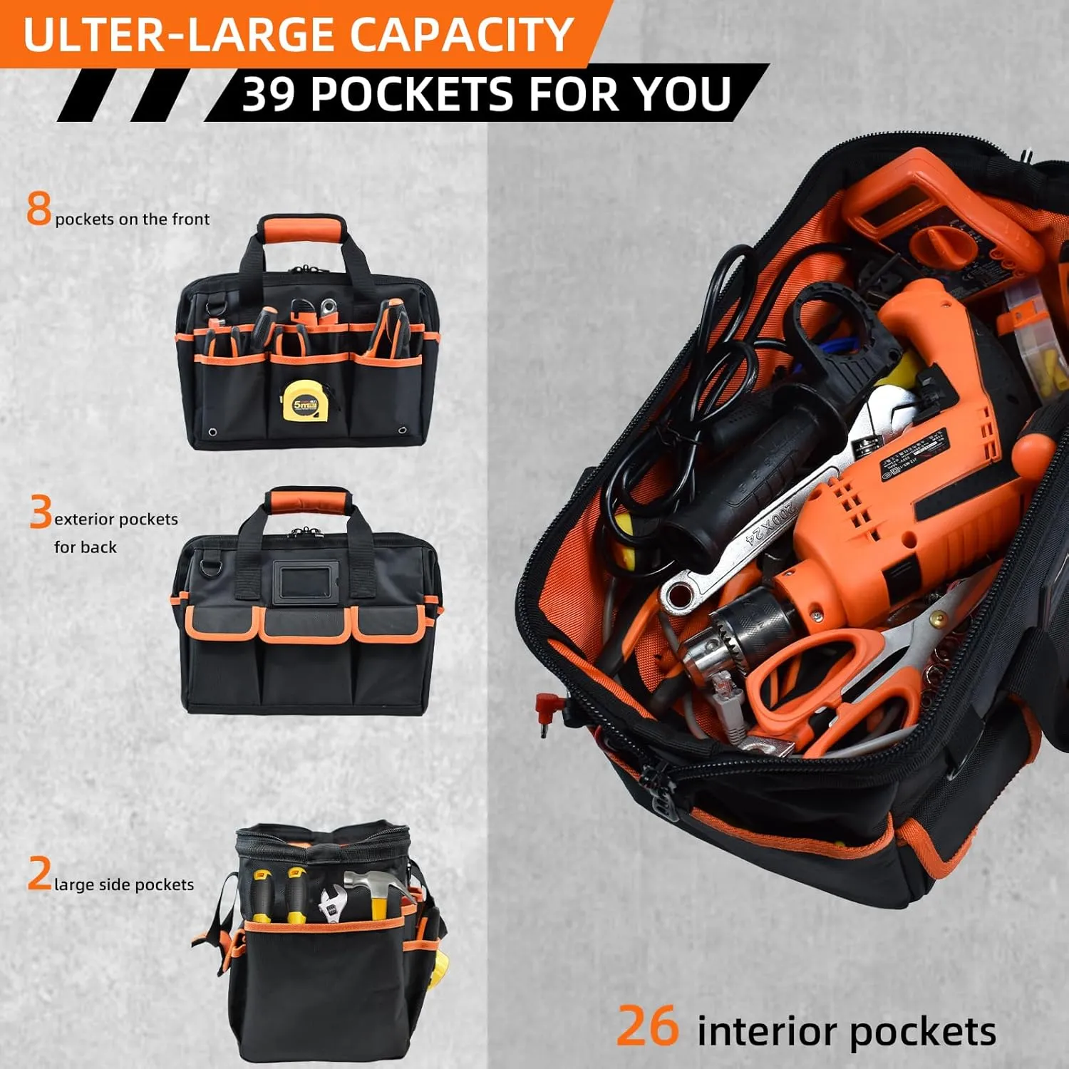 Tool Bag Organizer,39 Pockets Wide Mouth Tool Bag Heavy Duty for Men with Removable Divider and Locking Hole Zipper Waterproof Tool Box for Electrician Construction Worker 16 Inch