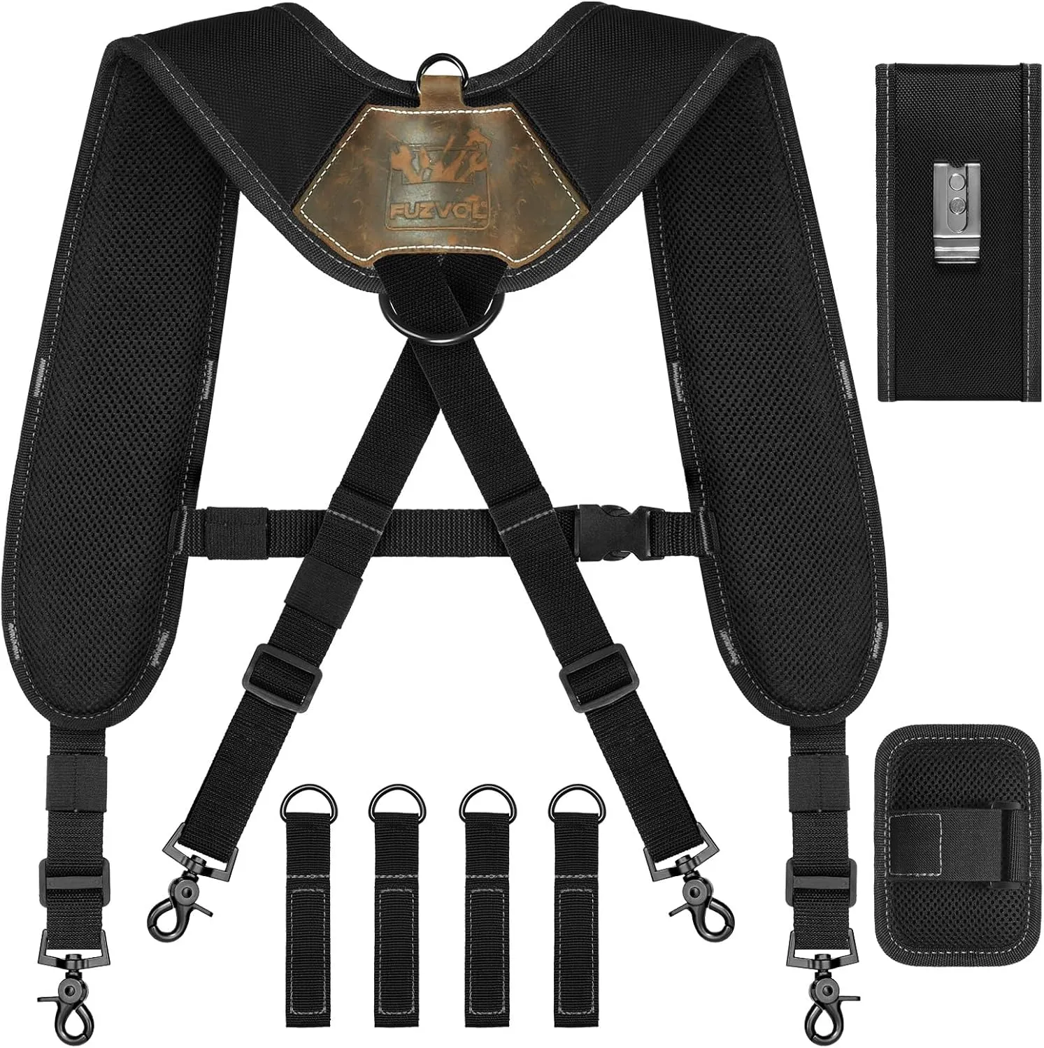 Tool Belt Suspenders, Tool Bag Suspenders, Work Belt Suspender with Magnetic Wristband and Loop Attachment, Padded Construction Suspender for Carpenter, Electrician, Framer, Black