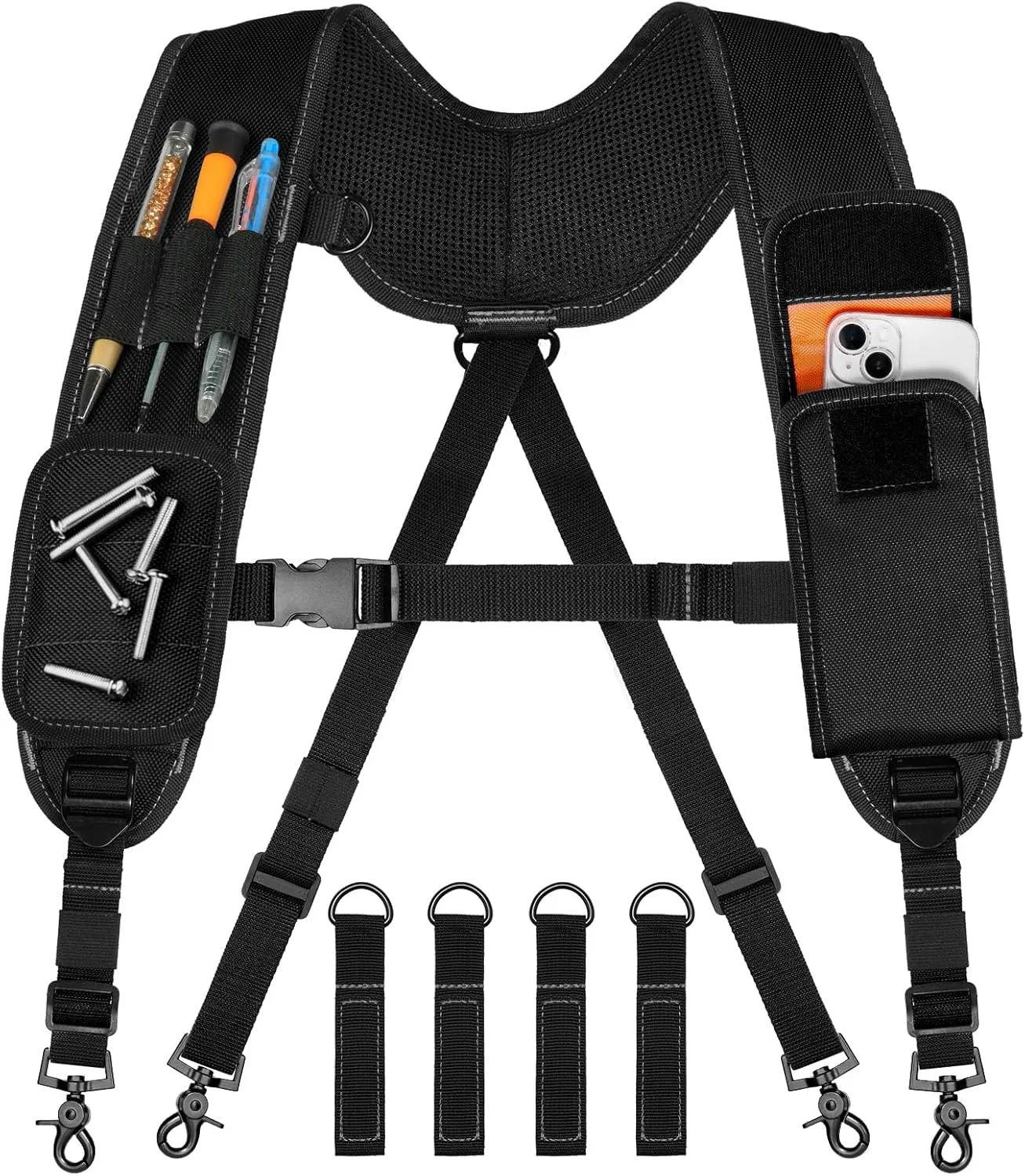 Tool Belt Suspenders, Tool Bag Suspenders, Work Belt Suspender with Magnetic Wristband and Loop Attachment, Padded Construction Suspender for Carpenter, Electrician, Framer, Black
