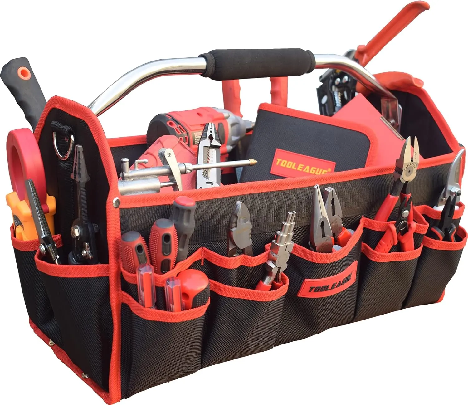 TOOLEAGUE 19 Inches Heavy Duty Tool Bag 25 Pockets, 1680D Fabric Tool Bags with Strong Molded Base, Multi-pocket Tool Organizer with Adjustable Shoulder Strap