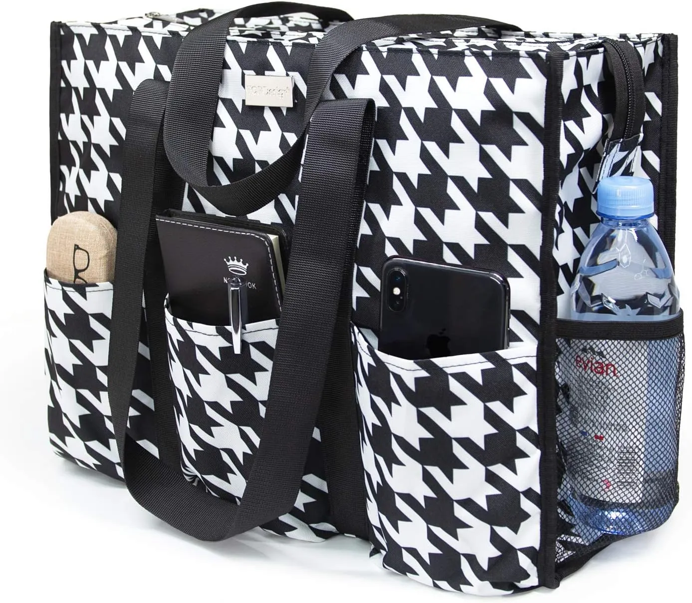 TOPDesign Utility Water Resistant Tote Bag with 13 Pockets, Top Zipper Closure & Thick Bottom Support, for Working Women