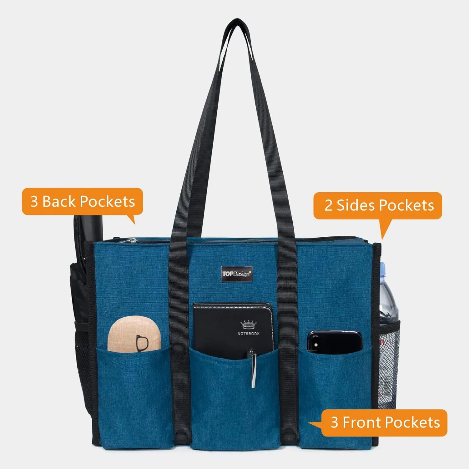 TOPDesign Utility Water Resistant Tote Bag with 13 Pockets, Top Zipper Closure & Thick Bottom Support, for Working Women