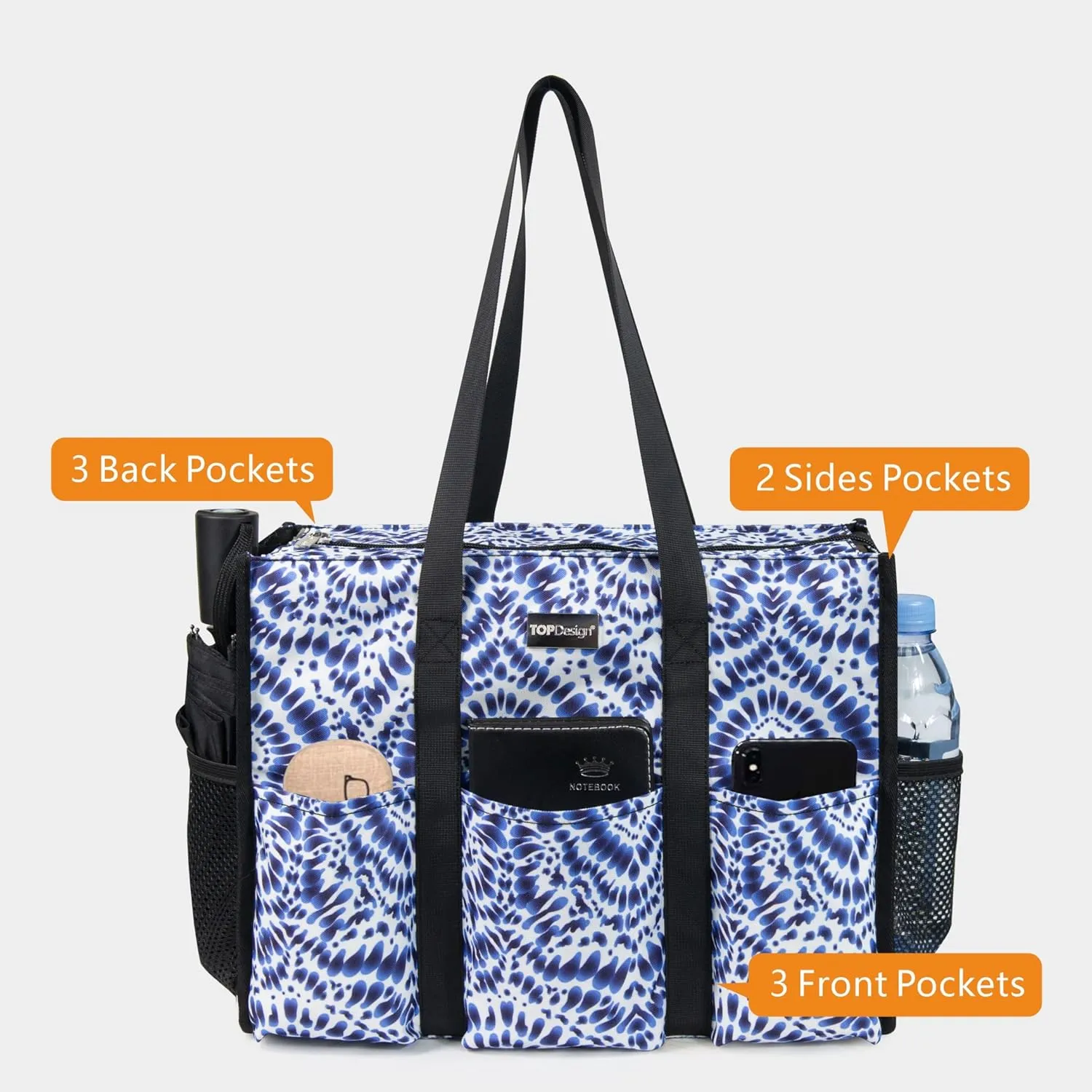 TOPDesign Utility Water Resistant Tote Bag with 13 Pockets, Top Zipper Closure & Thick Bottom Support, for Working Women