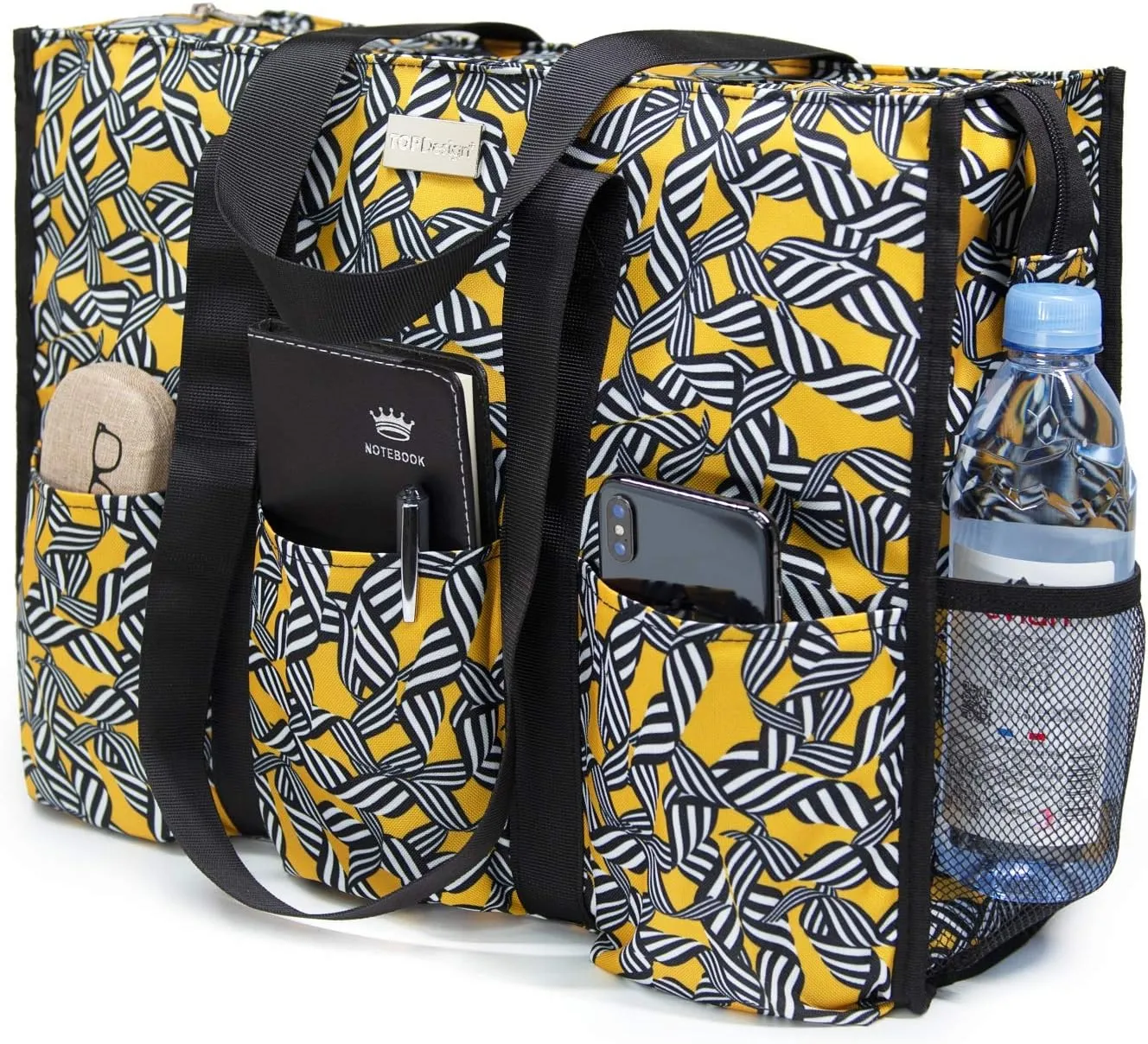 TOPDesign Utility Water Resistant Tote Bag with 13 Pockets, Top Zipper Closure & Thick Bottom Support, for Working Women