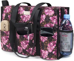 TOPDesign Utility Water Resistant Tote Bag with 13 Pockets, Top Zipper Closure & Thick Bottom Support, for Working Women