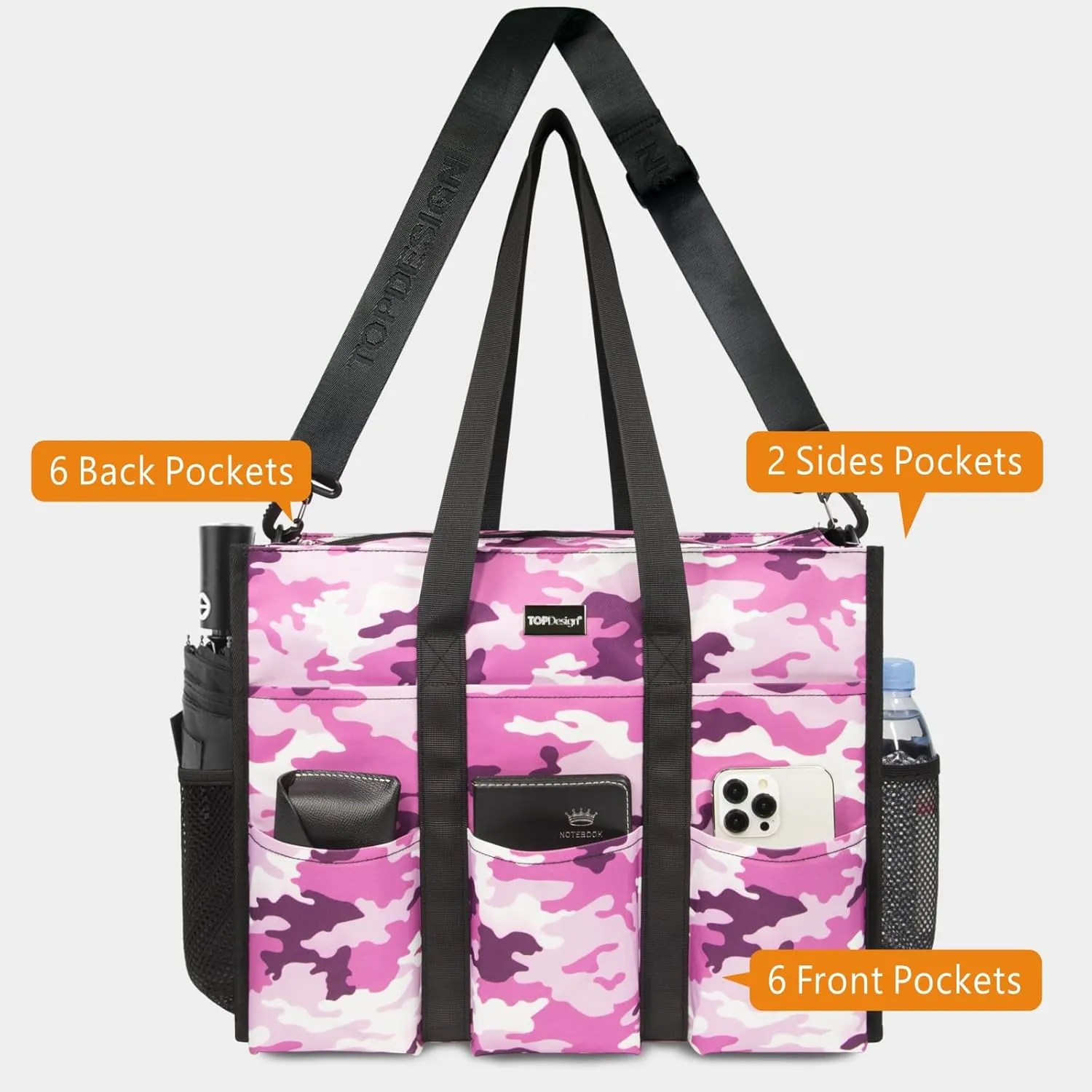 TOPDesign Utility Water Resistant Tote Bag with 22 Pockets, Top Zipper Closure & Thick Bottom Support, for Working Women