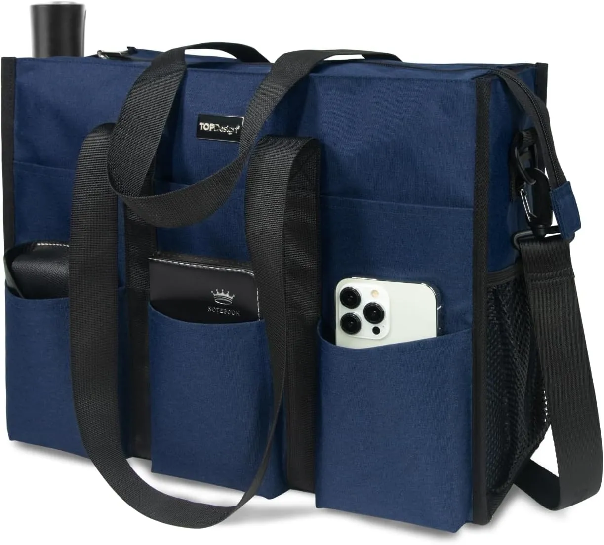 TOPDesign Utility Water Resistant Tote Bag with 22 Pockets, Top Zipper Closure & Thick Bottom Support, for Working Women