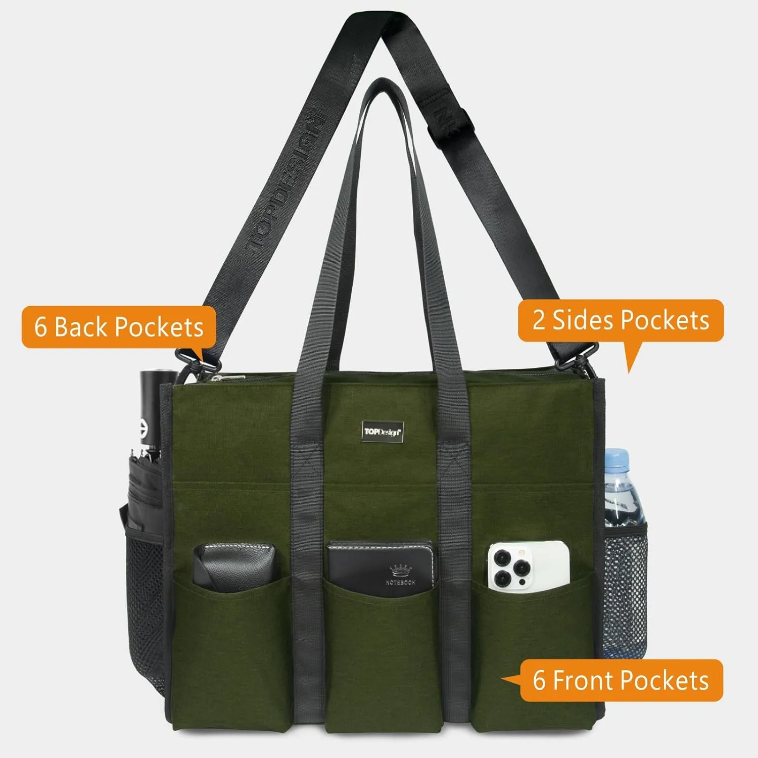 TOPDesign Utility Water Resistant Tote Bag with 22 Pockets, Top Zipper Closure & Thick Bottom Support, for Working Women
