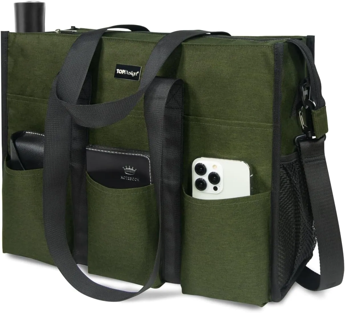 TOPDesign Utility Water Resistant Tote Bag with 22 Pockets, Top Zipper Closure & Thick Bottom Support, for Working Women