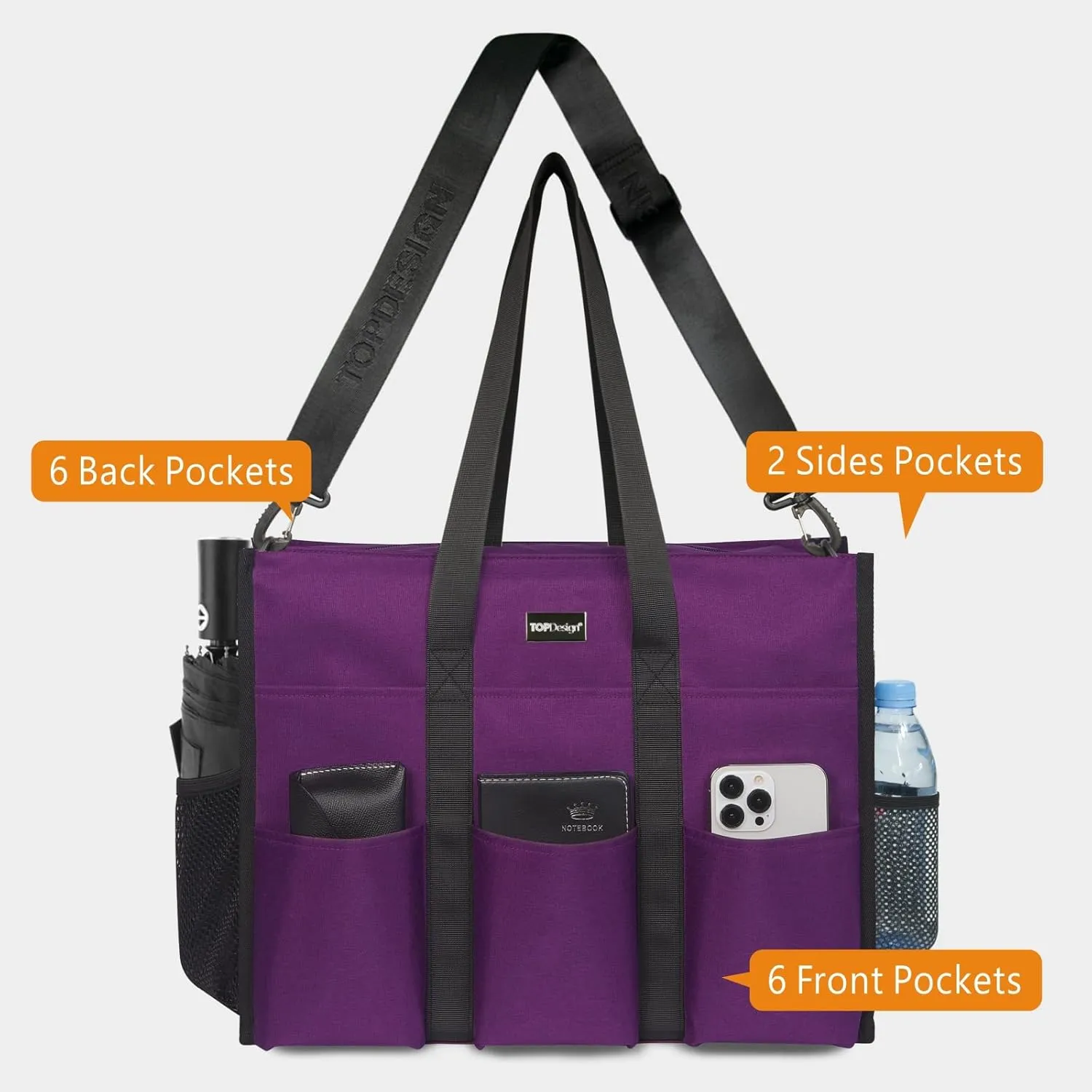 TOPDesign Utility Water Resistant Tote Bag with 22 Pockets, Top Zipper Closure & Thick Bottom Support, for Working Women