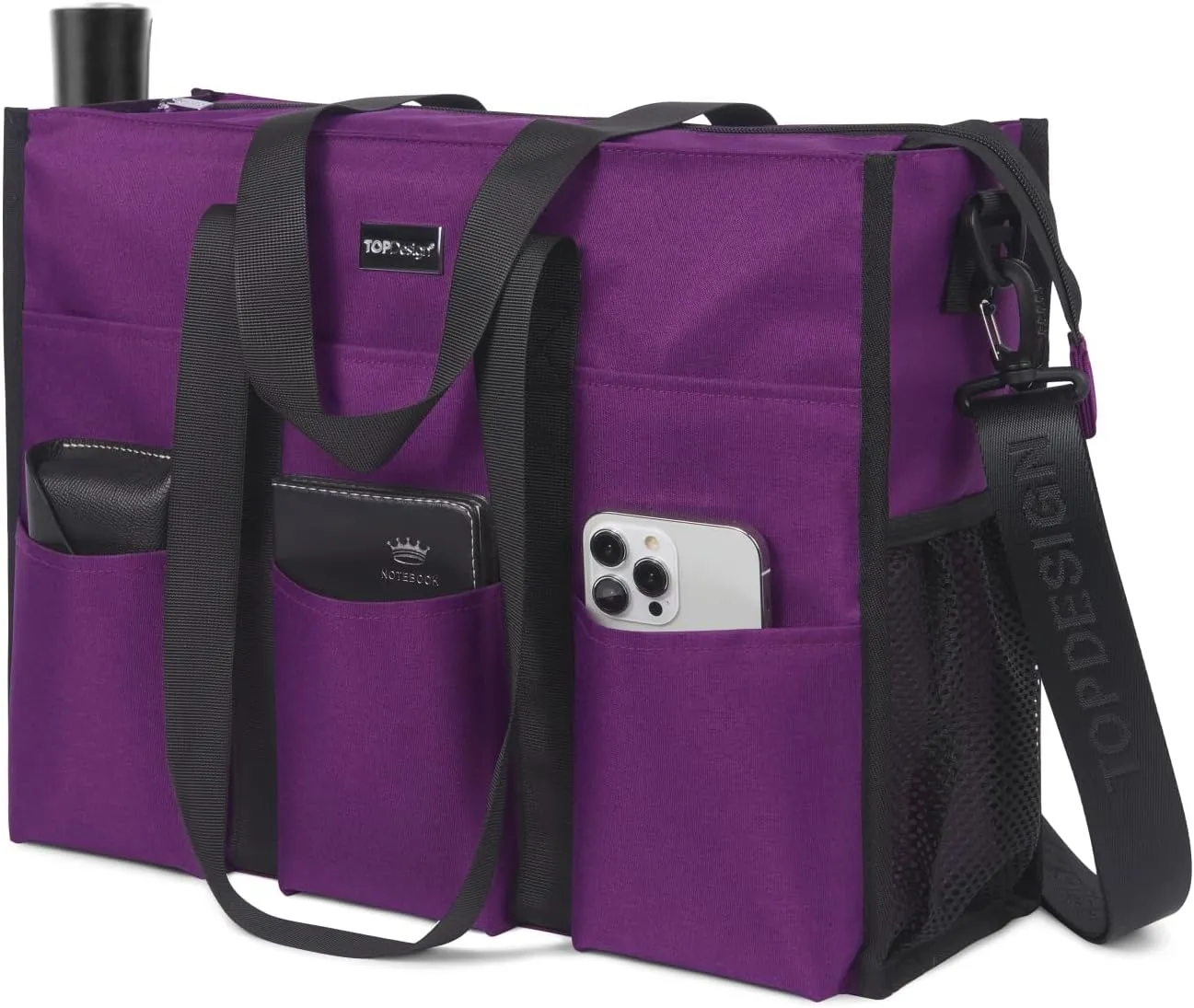 TOPDesign Utility Water Resistant Tote Bag with 22 Pockets, Top Zipper Closure & Thick Bottom Support, for Working Women