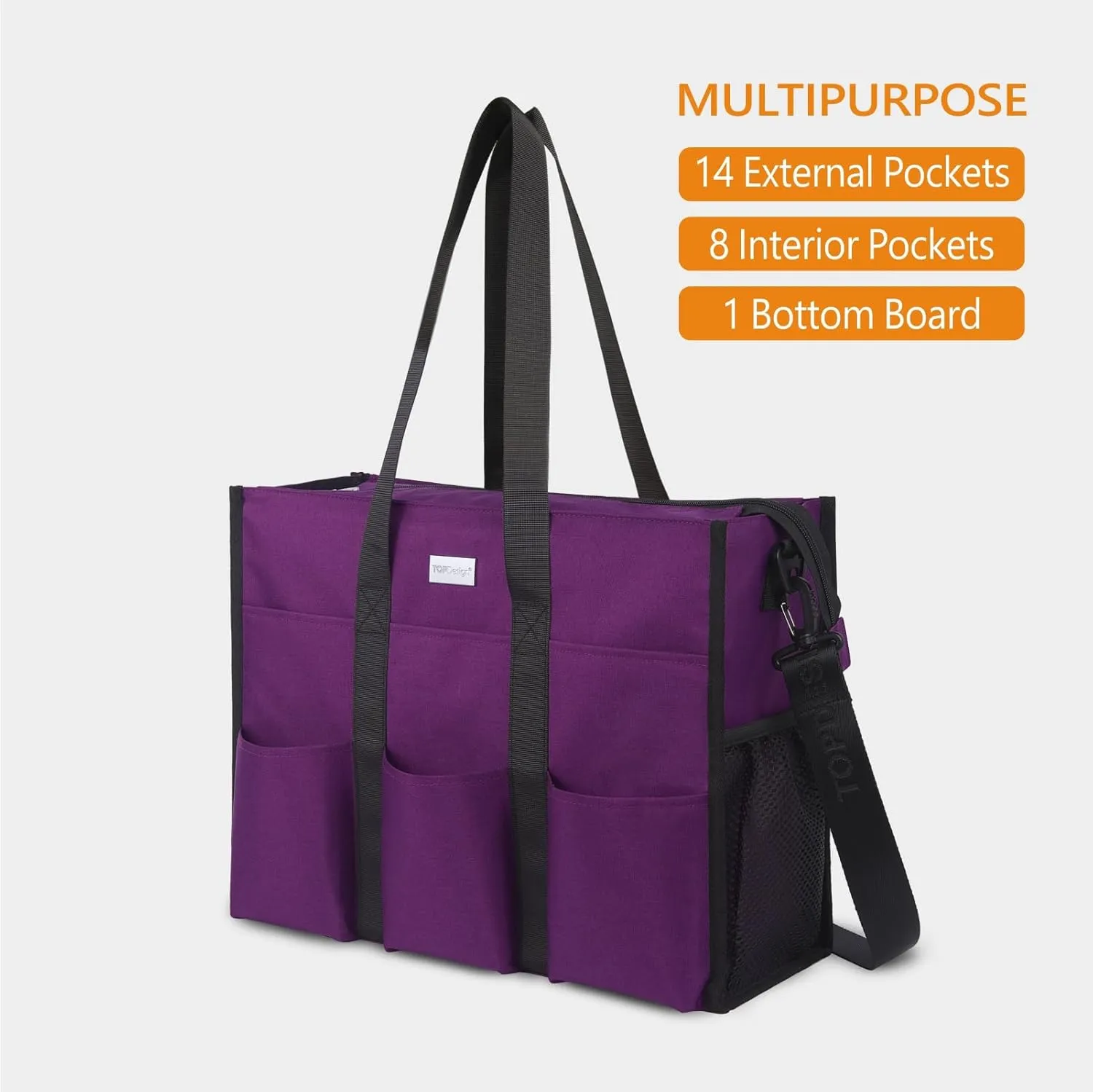 TOPDesign Utility Water Resistant Tote Bag with 22 Pockets, Top Zipper Closure & Thick Bottom Support, for Working Women
