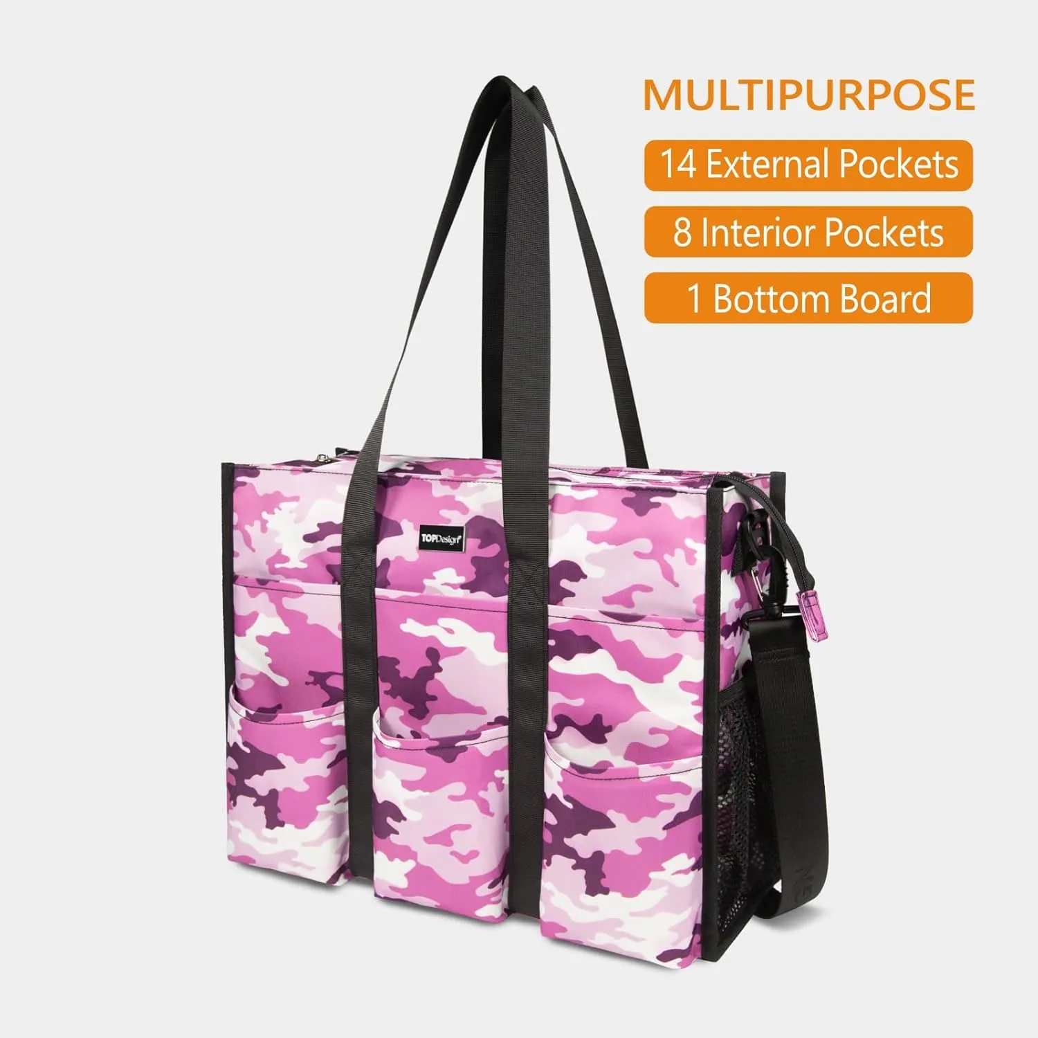 TOPDesign Utility Water Resistant Tote Bag with 22 Pockets, Top Zipper Closure & Thick Bottom Support, for Working Women
