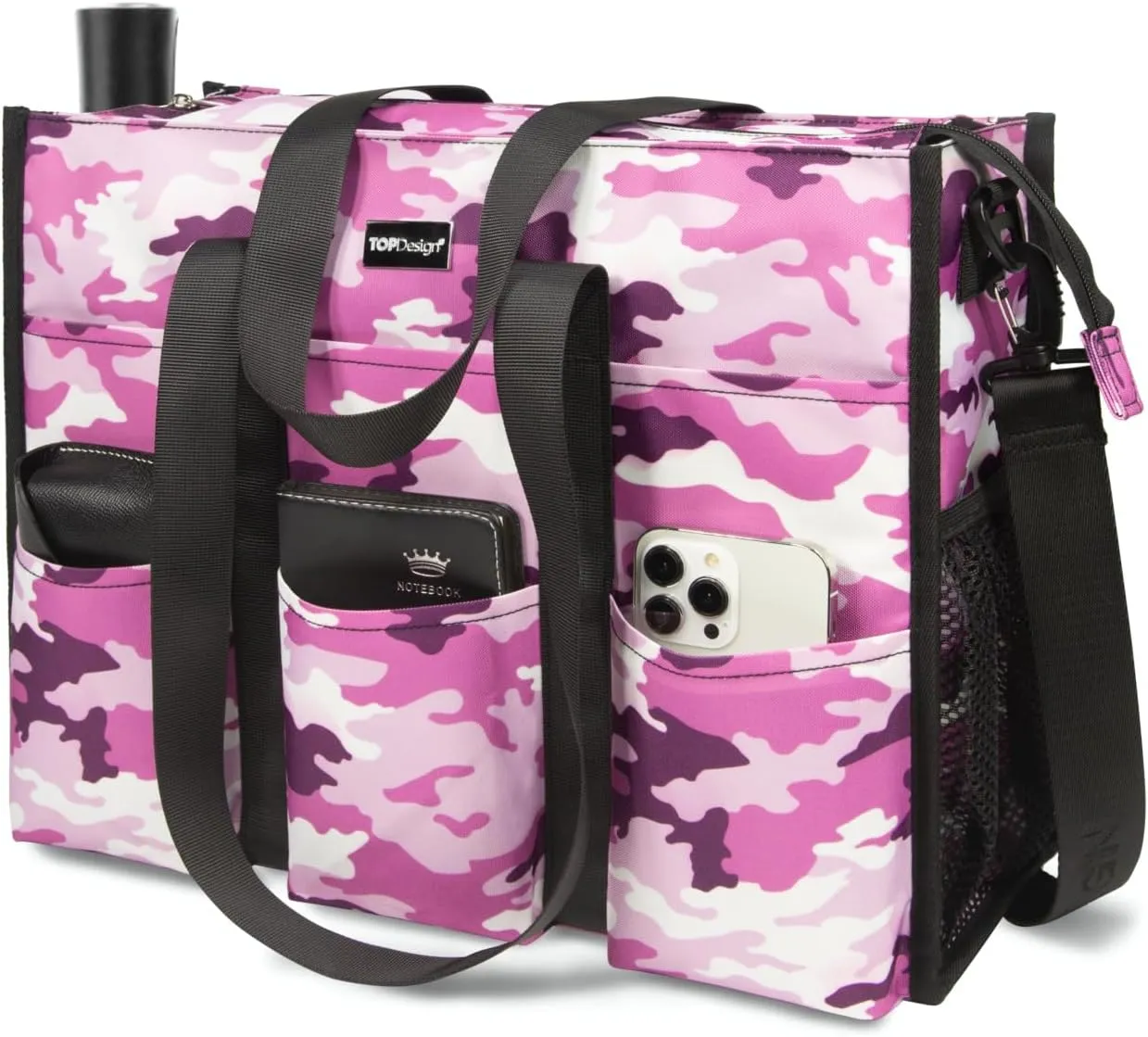 TOPDesign Utility Water Resistant Tote Bag with 22 Pockets, Top Zipper Closure & Thick Bottom Support, for Working Women