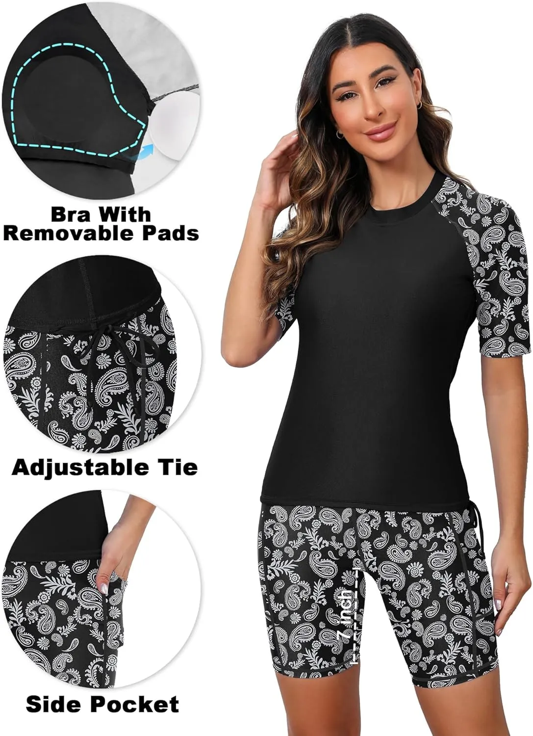 Tournesol Women's Two Piece Rash Guard Short Sleeve Swim Shirts UPF 50  Built in Bra Swimsuit with Boyshorts with Pockets