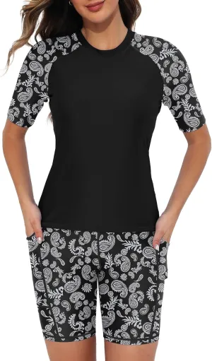 Tournesol Women's Two Piece Rash Guard Short Sleeve Swim Shirts UPF 50  Built in Bra Swimsuit with Boyshorts with Pockets