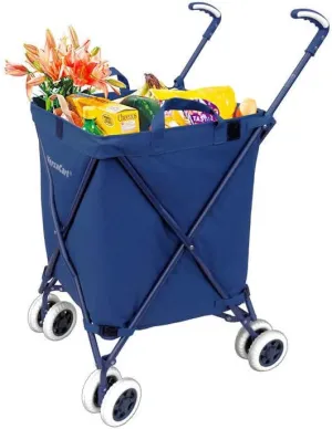 Transit -The Original Patented Folding Shopping and Utility Cart, Water-Resistant Heavy-Duty Canvas with Cover, Double Front Swivel Wheels, Compact, Transport Up to 120 Pounds, Blue