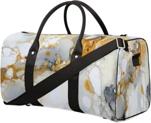 Travel Duffel Bag, Alcohol Ink Marble White Gold Sports Tote Gym Bag Foldable Weekender Bag Carry on Luggage Handle Bag Overnight Shoulder Bag for Women Men