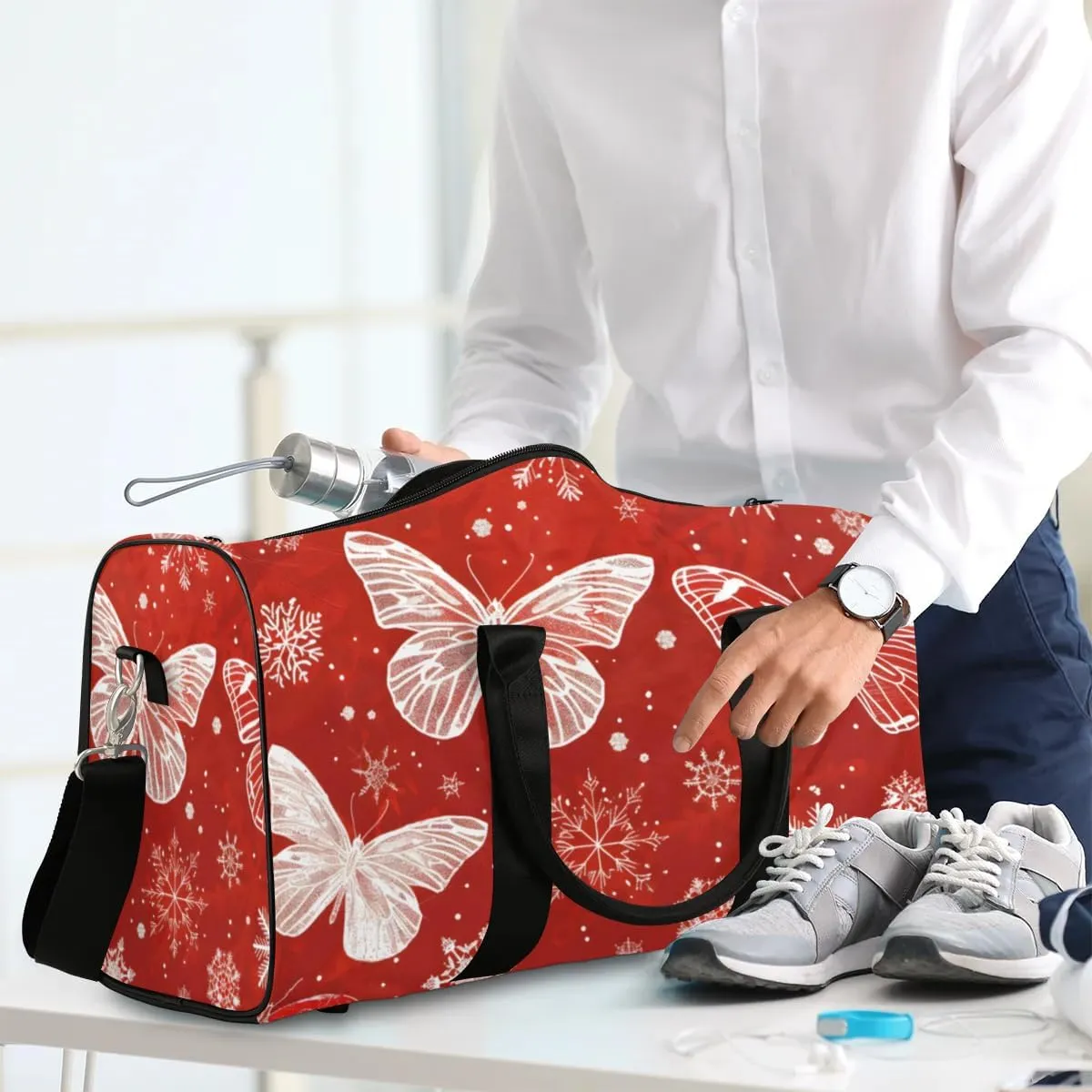 Travel Duffel Bag, Christmas Butterfly Snowflake Sports Tote Gym Bag Foldable Western Aztec Weekender Bag Carry on Luggage Handle Bag Overnight Shoulder Bag for Women Men,A-1428