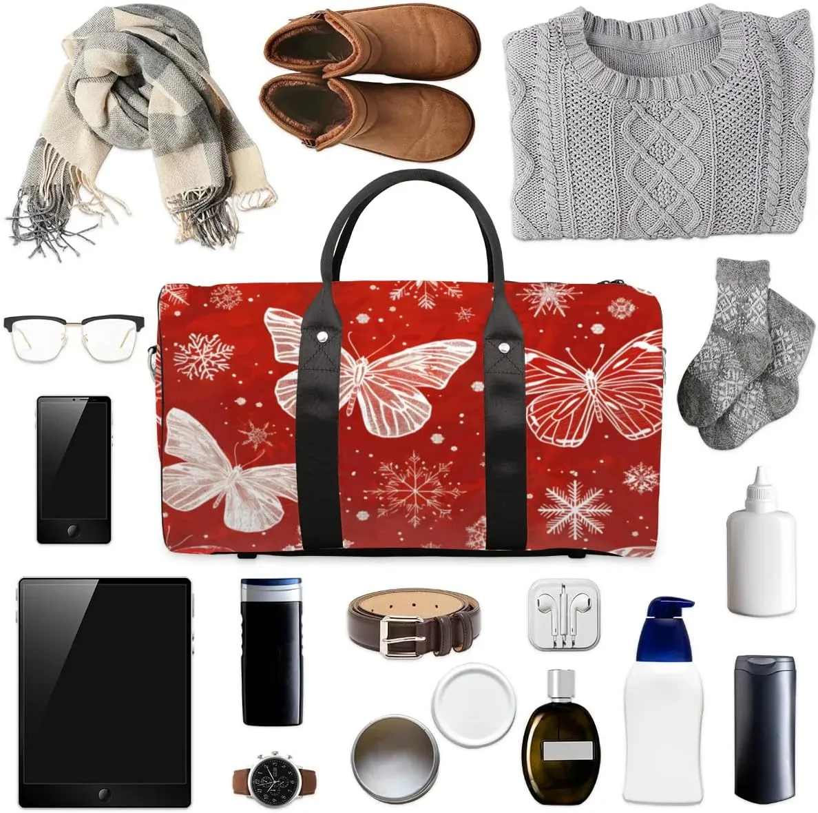 Travel Duffel Bag, Christmas Butterfly Snowflake Sports Tote Gym Bag Foldable Western Aztec Weekender Bag Carry on Luggage Handle Bag Overnight Shoulder Bag for Women Men,A-1428