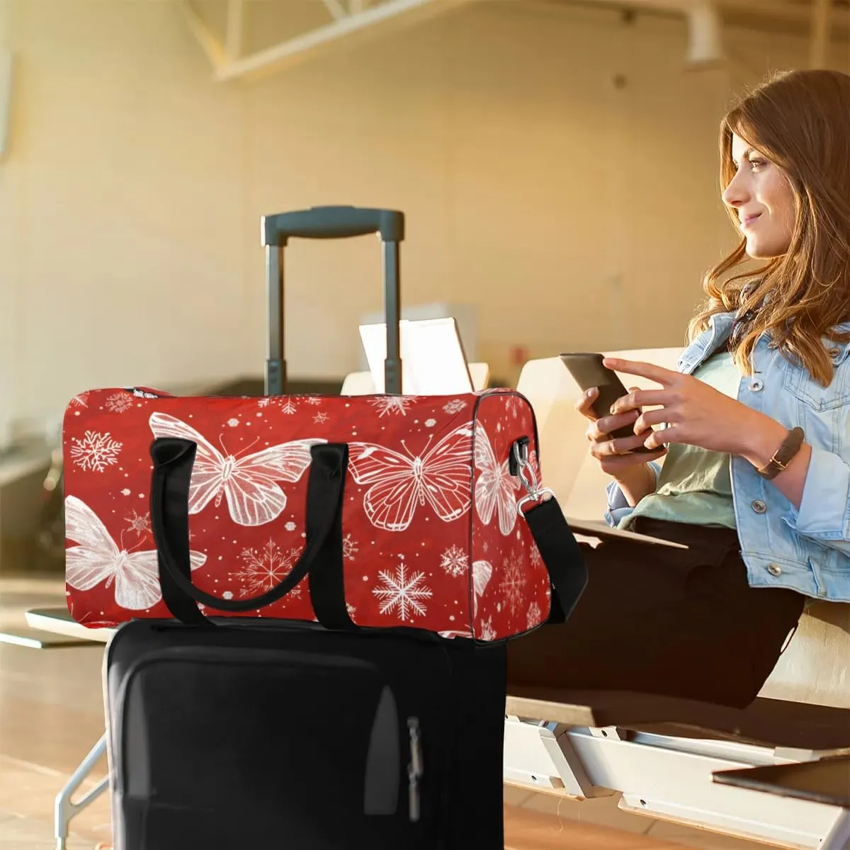 Travel Duffel Bag, Christmas Butterfly Snowflake Sports Tote Gym Bag Foldable Western Aztec Weekender Bag Carry on Luggage Handle Bag Overnight Shoulder Bag for Women Men,A-1428