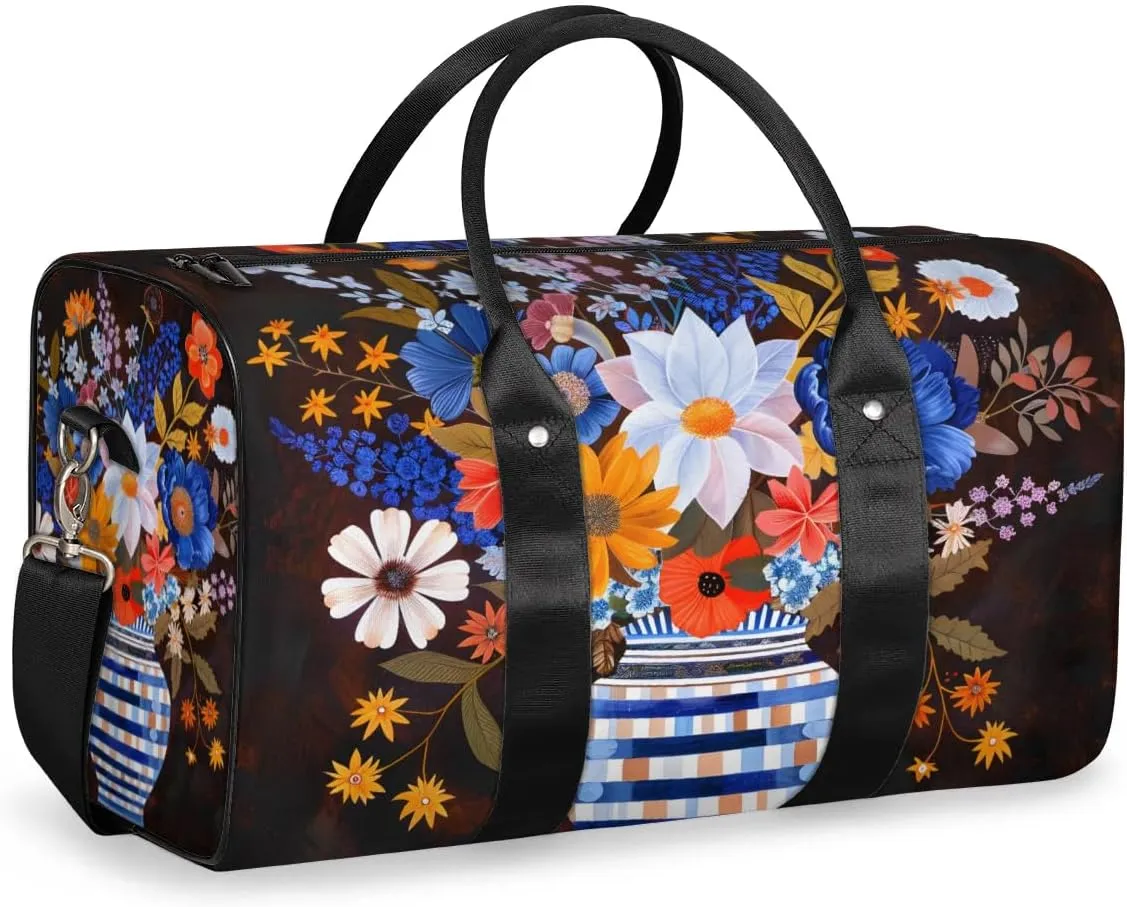 Travel Duffel Bag, Flower Leaves Sports Tote Gym Bag Foldable Western Aztec Weekender Bag Carry on Luggage Handle Bag Overnight Shoulder Bag for Women Men,A-1853