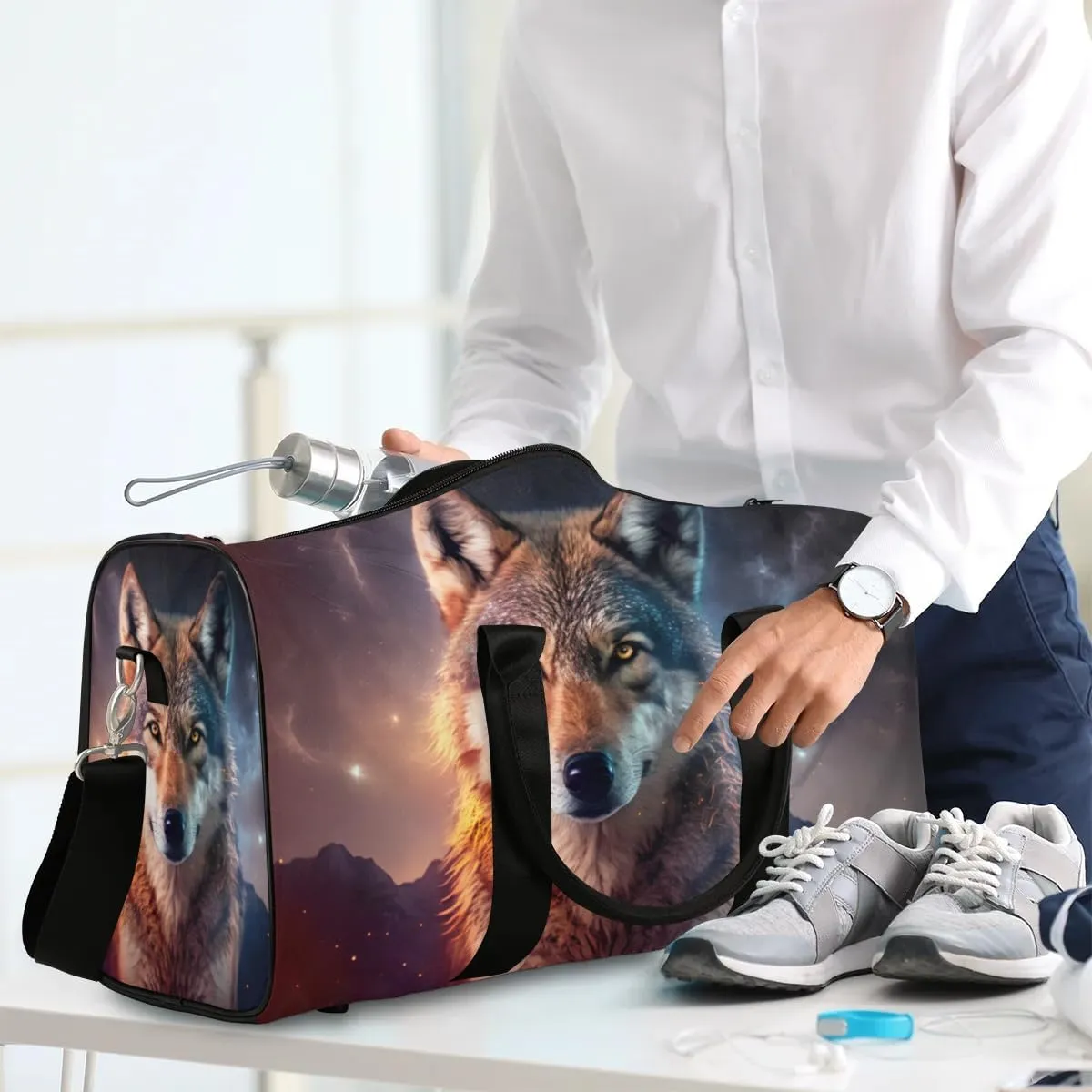 Travel Duffel Bag, Galaxy Starry Sky Wolf Sports Tote Gym Bag Foldable Western Aztec Weekender Bag Carry on Luggage Handle Bag Overnight Shoulder Bag for Women Men,A-279