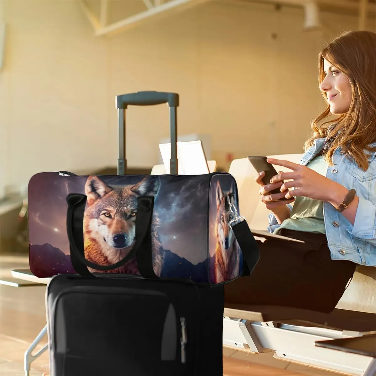 Travel Duffel Bag, Galaxy Starry Sky Wolf Sports Tote Gym Bag Foldable Western Aztec Weekender Bag Carry on Luggage Handle Bag Overnight Shoulder Bag for Women Men,A-279