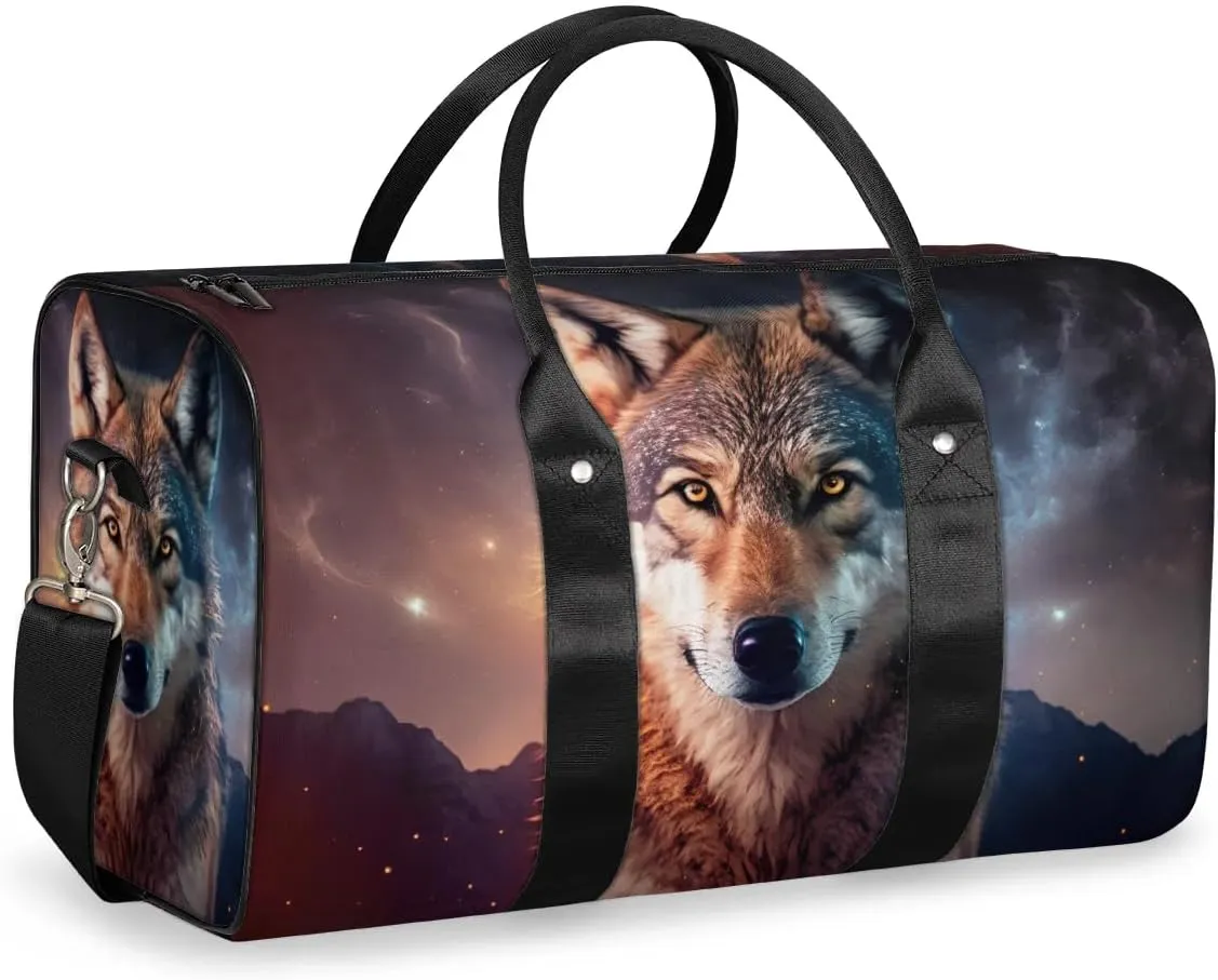 Travel Duffel Bag, Galaxy Starry Sky Wolf Sports Tote Gym Bag Foldable Western Aztec Weekender Bag Carry on Luggage Handle Bag Overnight Shoulder Bag for Women Men,A-279
