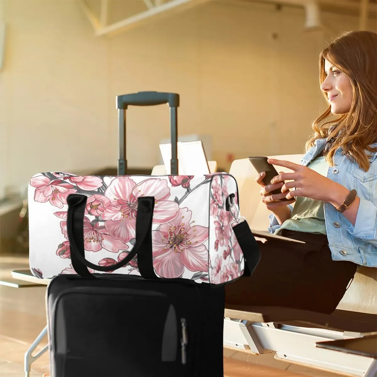 Travel Duffel Bag, Japan Cherry Blossoms Flower Floral Sports Tote Gym Bag Foldable Western Aztec Weekender Bag Carry on Luggage Handle Bag Overnight Shoulder Bag for Women Men,A-226
