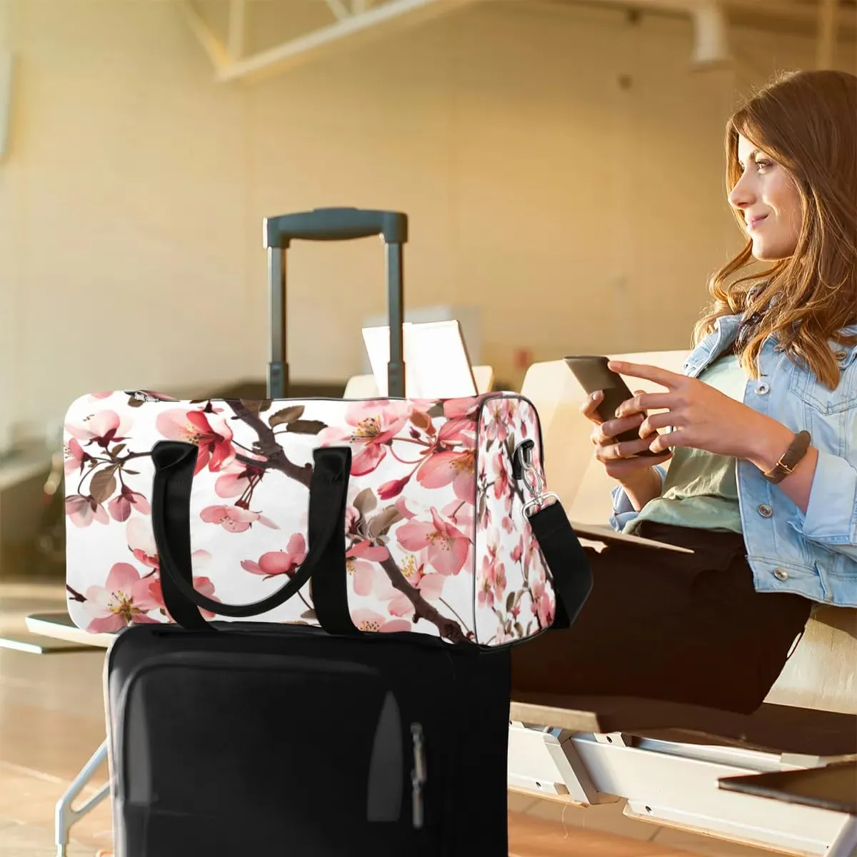 Travel Duffel Bag, Japan Cherry Blossoms Flower Floral Sports Tote Gym Bag Foldable Western Aztec Weekender Bag Carry on Luggage Handle Bag Overnight Shoulder Bag for Women Men,A-227