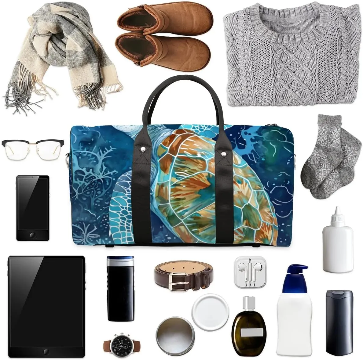 Travel Duffel Bag, Ocean Animal Turtle Sports Tote Gym Bag Foldable Western Aztec Weekender Bag Carry on Luggage Handle Bag Overnight Shoulder Bag for Women Men,A-501