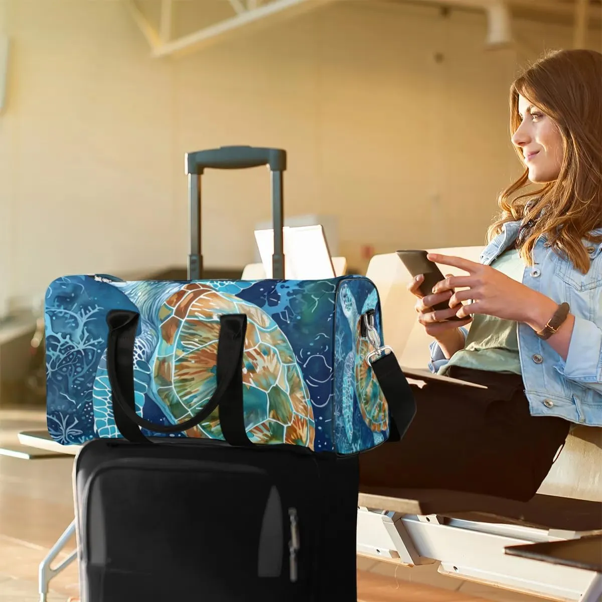 Travel Duffel Bag, Ocean Animal Turtle Sports Tote Gym Bag Foldable Western Aztec Weekender Bag Carry on Luggage Handle Bag Overnight Shoulder Bag for Women Men,A-501