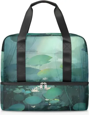 Travel Duffel Bags Lotuses Pond Sports Gym Bag with Wet Pocket & Shoes Compartment Large Duffel Bags Waterproof Overnight Bag Weekender Bags for Women Men