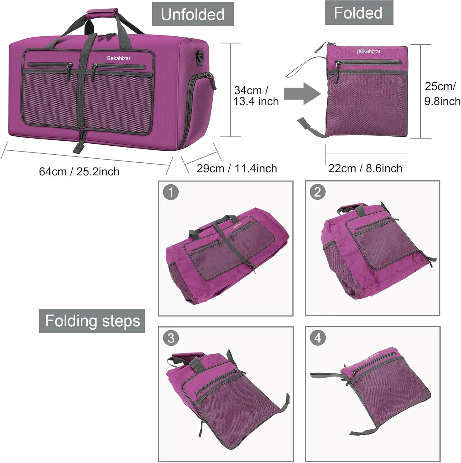 Travel Duffle Bag 60L Lightweight Foldable Duffel Bag Large Packable Overnight Bag Carry On Luggage with Shoe compartment for Men Women Camping Storage Gym Sports Beach (Purple)