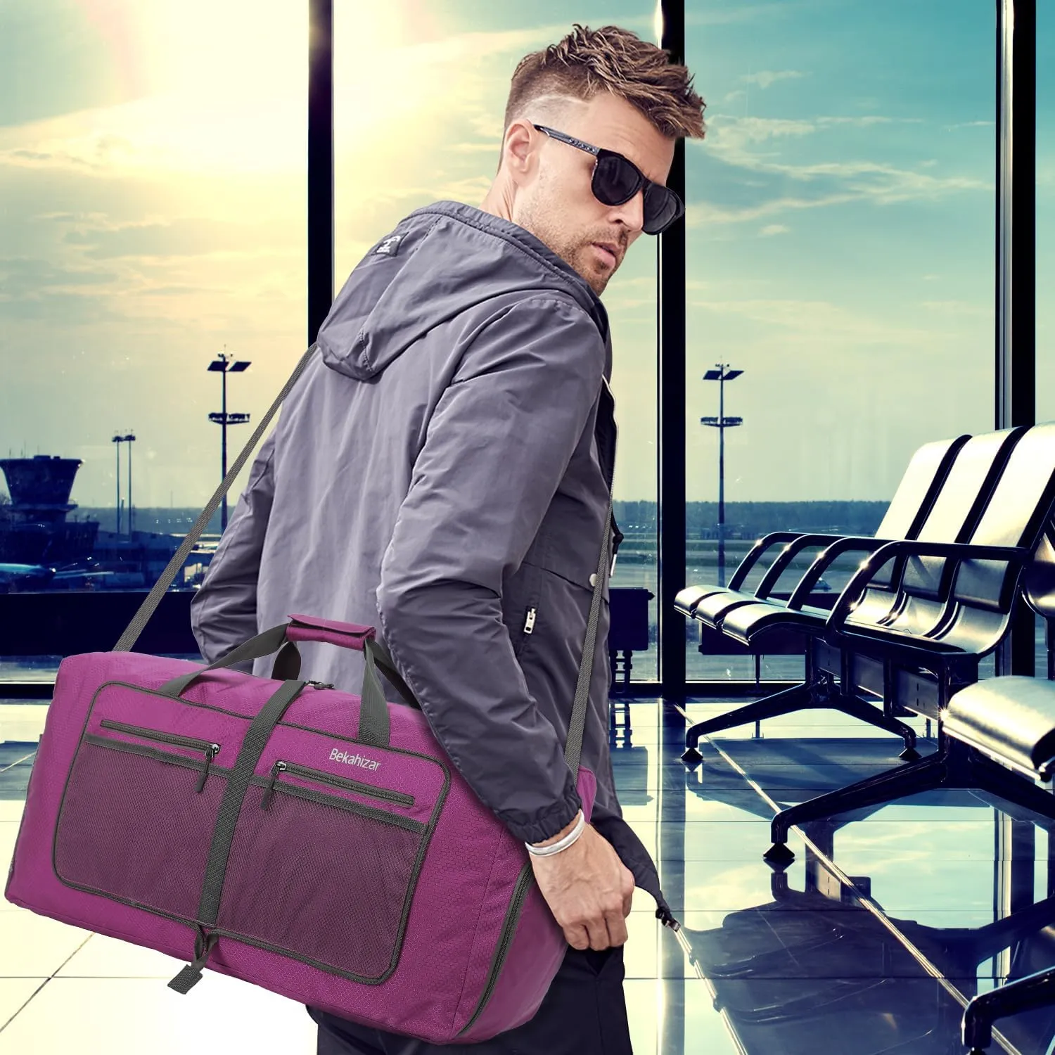 Travel Duffle Bag 60L Lightweight Foldable Duffel Bag Large Packable Overnight Bag Carry On Luggage with Shoe compartment for Men Women Camping Storage Gym Sports Beach (Purple)